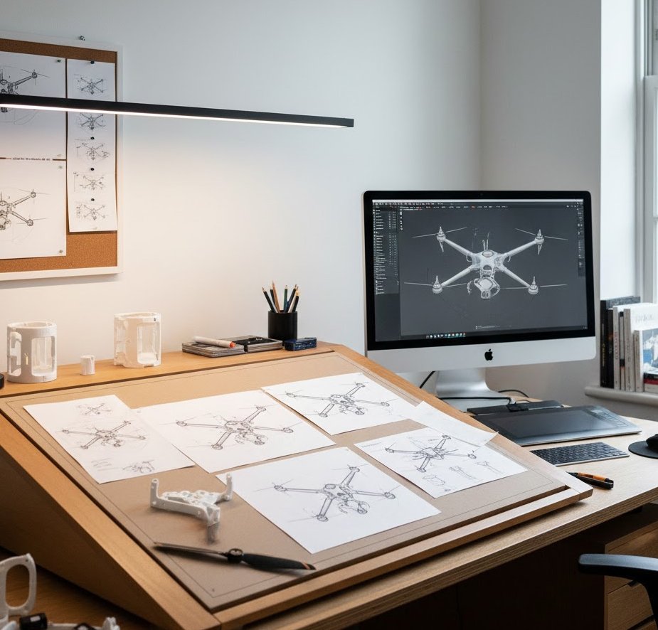 Mesa de trabajo de un emprendedor con prototipos, sketches y computadora con modelo 3D, mostrando desarrollo de producto desde cer