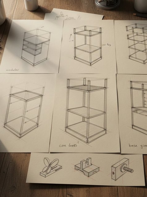 Bocetos de diseño industrial de exhibidor de pie para botellas con detalles de encastres técnicos impresos en 3D sobre mesa de trabajo