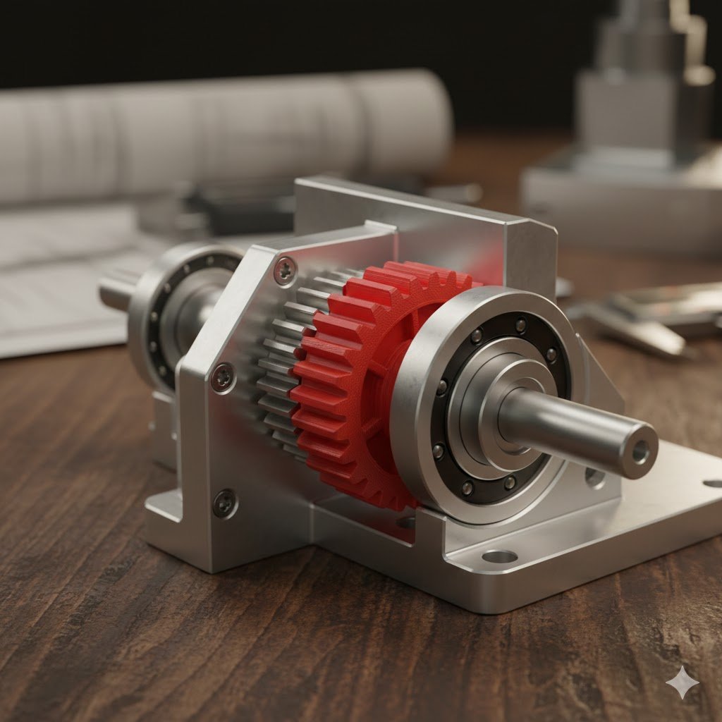 Pieza técnica de alta precisión impresa en 3D integrada en un mecanismo industrial metálico para testeo de repuestos y encastres industriales.