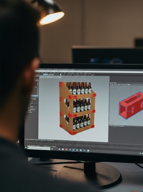 Modelado digital en Rhino 3D del exhibidor de cartón de 1.70 metros y renderizado de conectores plásticos de precisión