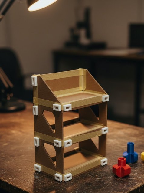 Maqueta de estudio escala 2:1 en cartón kraft y conectores 3D blancos para validación estructural de mobiliario comercial.