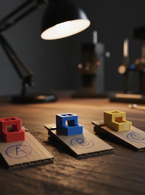 Testeo de variantes de encastres técnicos A, B y C vinculando placas de cartón para verificar resistencia y ajuste mecánico.