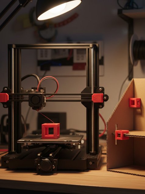 Impresora 3D fabricando conectores rojos estructurales para prototipo funcional de exhibidor de punto de venta.