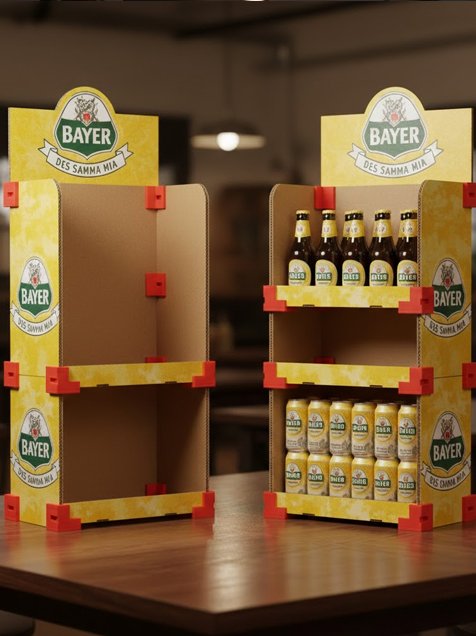 Exhibidores de pie terminados para Cerveza Bayer con gráfica bávara y carga de botellas y latas en estantes reforzados