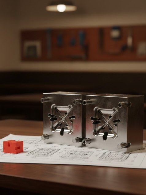 Conector plástico final junto a matriz de inyección de acero y planos de ingeniería para producción en serie de exhibidores