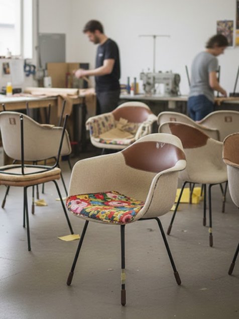 Producción de lote de productos en taller de diseño industrial, mostrando piezas alineadas según los requisitos de cantidad del cliente.