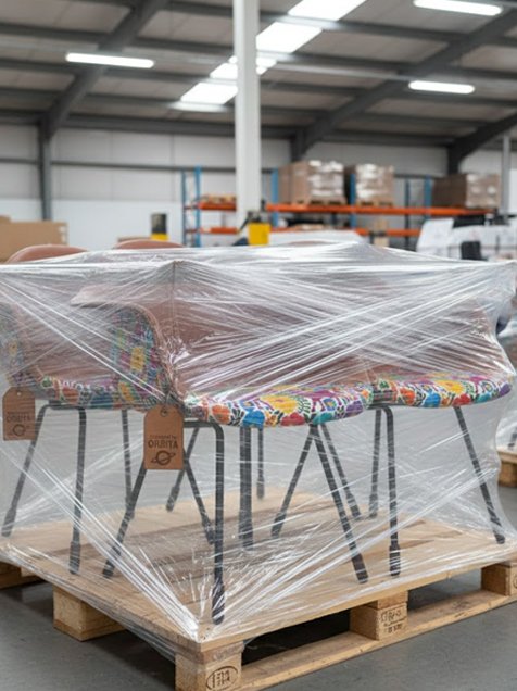 Entrega de lote de productos de diseño industrial, con cajas y prototipos listos para envío, mostrando gestión de la entrega junto con el cliente