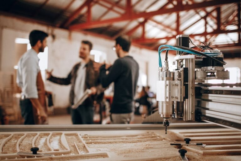 Equipo coordinando trabajo en un taller de fabricación