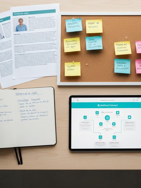 Fotografía cenital de escritorio con reportes de investigación y datos de salud para el desarrollo de una app de monitoreo médico remoto.