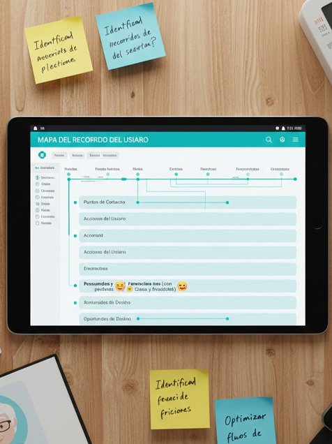 Mapa de la experiencia del paciente en formato vertical, mostrando los puntos de contacto entre el usuario y la plataforma de salud digital.