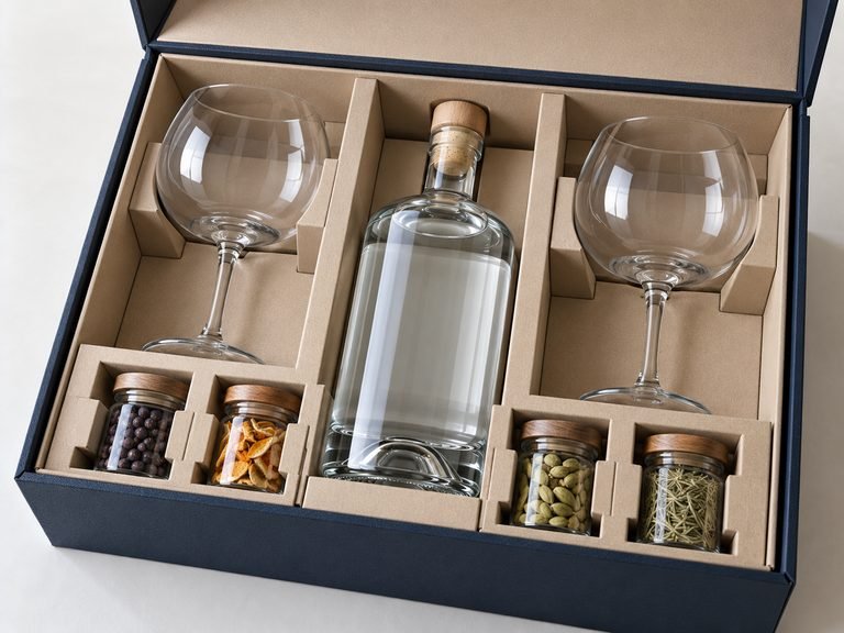 Packaging estructural para kit de bebida espirituosa con botella, copas y botánicos