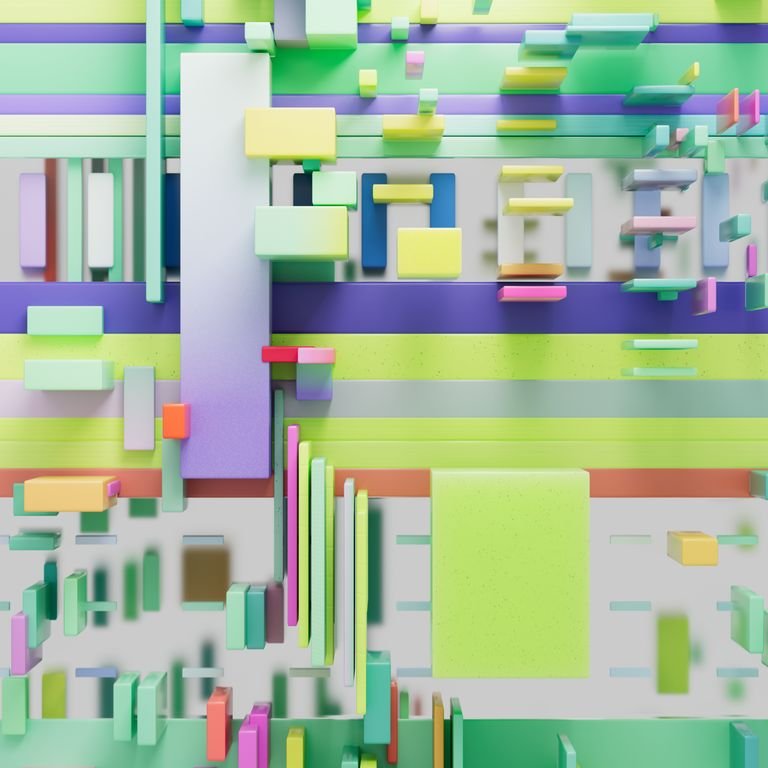Vibrant abstract 3D render featuring multicolored geometric shapes in a layered pattern.